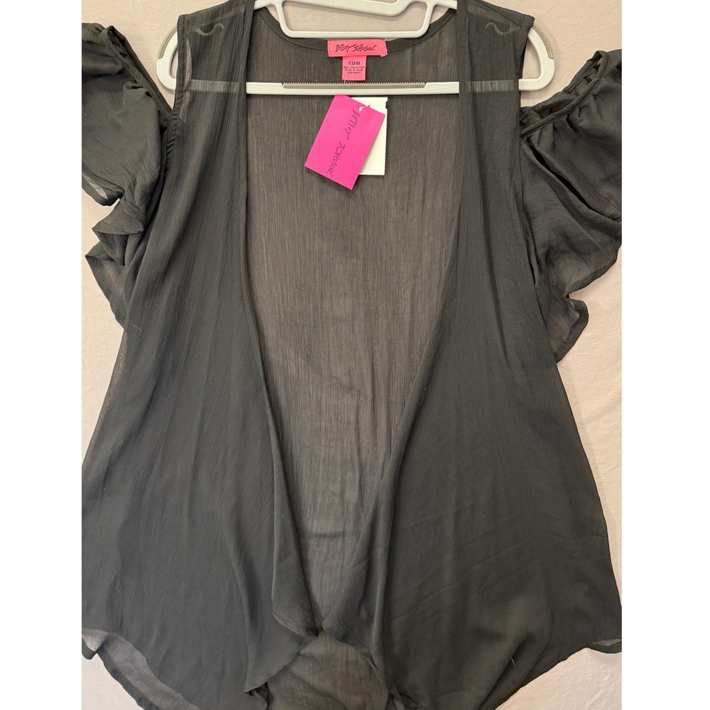 NWT Betsey Johnson Black Sheer Ruffle Cold Shoulder Duster Cardigan Kimono OSFM